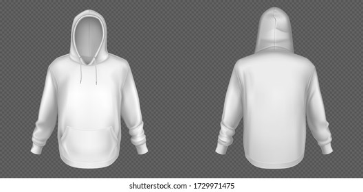 Hoody, white sweatshirt mock up front and back view set. Isolated hoodie with long sleeves, kangaroo muff pocket and drawstrings. Sport, casual or urban clothing fashion, Realistic 3d vector mockup