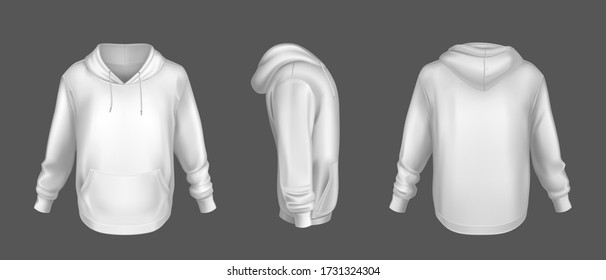 Hoody, sudadera blanca se burla del conjunto de la parte delantera de la parte trasera. Mangas largas aisladas, bolsillo de barro canguro y cuerdas levadizas. Moda deportiva, casual o urbana de vestir, burla realista de vectores 3d