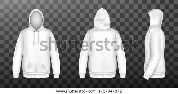 Hoody, white sweatshirt mock up front side back\
view set. Isolated hoodie with long sleeves, kangaroo muff pocket\
and drawstrings. Sport, casual or urban clothing fashion, Realistic\
3d vector mockup