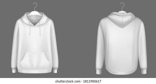 Hoody, white sweatshirt on hanger mock up front and back view. Isolated hoodie with long sleeves, kangaroo muff pocket and drawstrings. Sports, casual urban clothing, Realistic 3d vector mockup