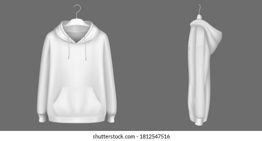 Hoody, white sweatshirt on hanger mock up front, side view. Isolated hoodie with long sleeves, kangaroo muff pocket and drawstrings. Sports, casual urban clothing, Realistic 3d vector mockup