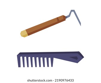 Hoof Pick and Mane and Tail Comb as Grooming and Equestrian Items Vector Set