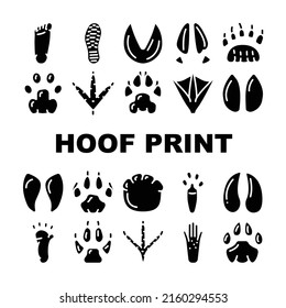 Hoof Print Animal, Bird And Human Shoe Set Vector. People Footprint And Elephant Hoof Print, Deer And Bear, Horse And Tiger, Chicken And Mouse. Mammal Sheep Paw Glyph Pictograms Black Illustration