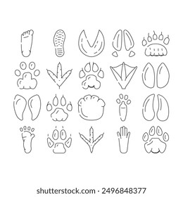 Hoof Print Animal, Bird And Human Shoe Set Vector. People Footprint And Elephant Hoof Print, Deer And Bear, Horse And Tiger, Chicken And Mouse. Mammal Sheep Paw Black Contour Illustrations