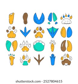 Hoof Print Animal, Bird And Human Shoe Set Vetor. Pegada Das Pessoas E Impressão De Cascos De Elefantes, Veados E Ursos, Cavalos E Tigres, Frangos E Ratos. Ilustrações de contorno de cor da pata de carneiro mamífero