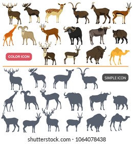 Hoofed animals color flat and simple icons set