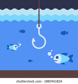 the hook catches fish under water. sea fishing with a hook. flat vector illustration.