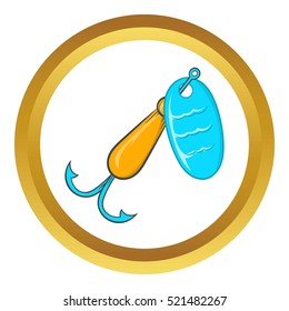 Hook for catching fish vector icon in golden circle, cartoon style isolated on white background