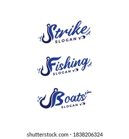 Hook combine typography lettering logo vector for fishing club & community, fish hunting equipment shop & store brand, sailing boat & ship tools supllier business company. Fishhook sign symbol