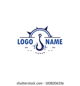 Hook with compass logo vector for fishing club & community, fish hunting equipment shop & store brand, sailing boat & ship tools supllier business company. Fishhook sign, symbol wall decoration