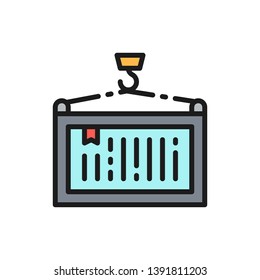 Hook with container, crane lift flat color icon.