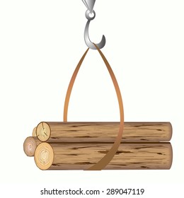 The hook from the crane lifts the logs of trees. Vector illustration
