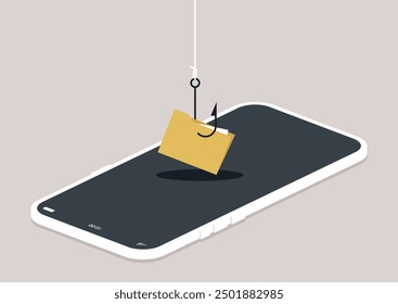 A hook dangles from a mobile phone, hooking a yellow file folder, symbolizing the concept of internet phishing in a visually striking manner