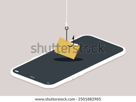 A hook dangles from a mobile phone, hooking a yellow file folder, symbolizing the concept of internet phishing in a visually striking manner