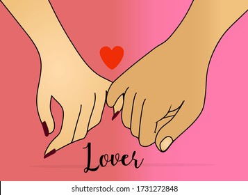 Hook each other's little finger with lover text isolated on pink background. Be hand in hand. Vector Illustration.