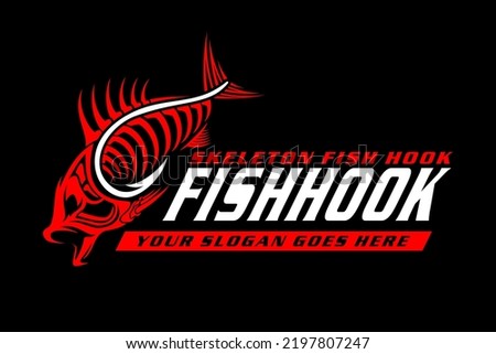 hook and fish skull skeleton in modern vintagelogo design style template on black dark background vector illustration