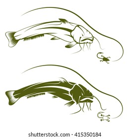 hook with frog and catfish vector design template