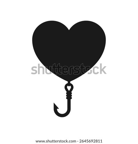 The hook hangs on the heart. Fishing hook with heart. Vector silhouette and drawing. Isolated illustration on white background.