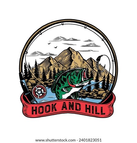 Hook and Hill Vintage Logo, Mountain Fishing Logo Vector Illustration