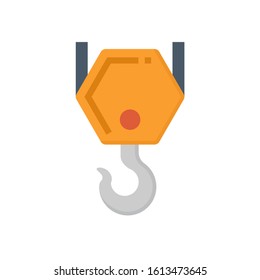Hook and hoist vector icon. Industrial machinery or equipment include steel wire rope or cable and pulley. Part of crane, winch for lifting, moving load in factory, warehouse and construction site.