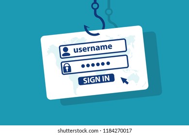 Hook holding username and password on it. Hacking phishing attack. Internet Phishing, internet security concept. Eps 10 Vector illustration, Minimalist white blue flat business style modern design.