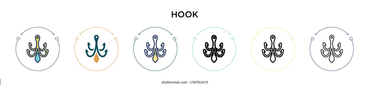 Hook icon in filled, thin line, outline and stroke style. Vector illustration of two colored and black hook vector icons designs can be used for mobile, ui, web