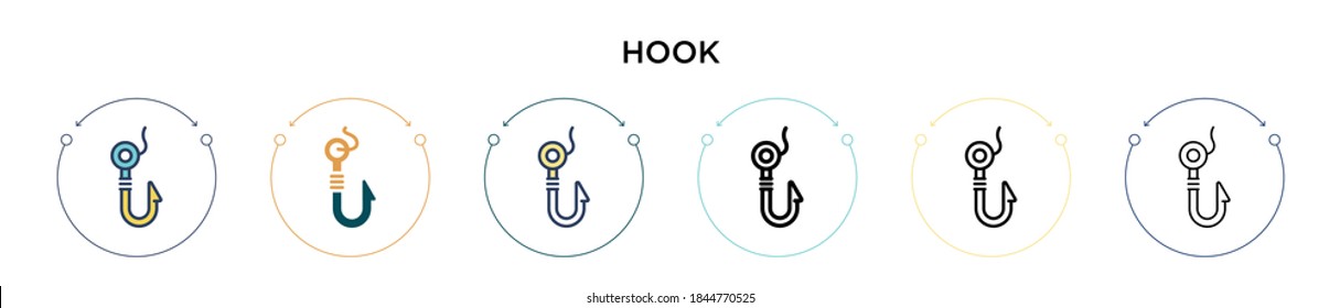 Hook icon in filled, thin line, outline and stroke style. Vector illustration of two colored and black hook vector icons designs can be used for mobile, ui, web
