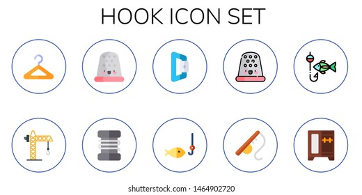 hook icon set. 10 flat hook icons.  Collection Of - hanger, crane, thimble, fishing line, carabiner, fishing, fishing rod, wardrobe