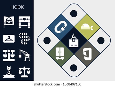hook icon set. 13 filled hook icons.  Collection Of - Crane, Balance, Hanger, Worm, Pirate, Pillory, Carabiner, Wardrobe