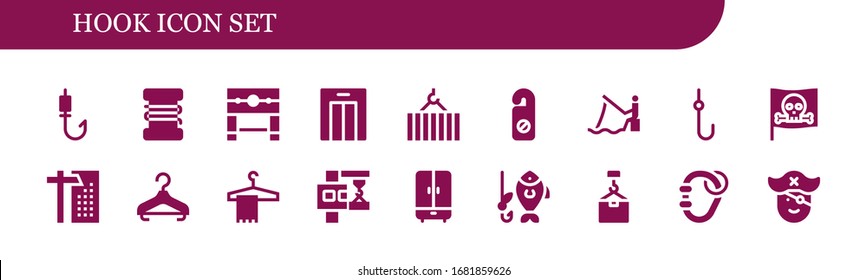 hook icon set. 18 filled hook icons.  Simple modern icons such as: Fishing rod, Fishing line, Pillory, Lift, Crane, Hanger, Fishing, Hook, Pirate, Wardrobe, Carabiner