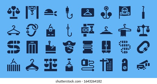 hook icon set. 32 filled hook icons. on blue background style Simple modern icons such as: Balance, Hanger, Worm, Crane, Carabiner, Lift, Pirate, Phishing, Fishing rod, Hook, Fishing line