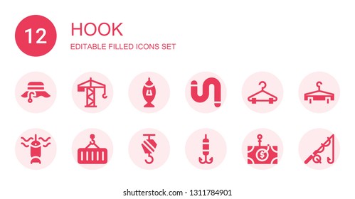 hook icon set. Collection of 12 filled hook icons included Fisherman, Crane, Fishing, Worm, Hanger, Hook, Phishing