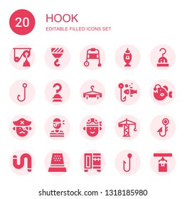hook icon set. Collection of 20 filled hook icons included Pulley, Hook, Walking stick, Fishing, Hanger, Angler, Pirate, Crane, Fishing Worm, Thimble, Wardrobe