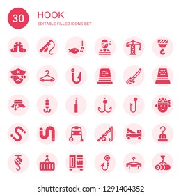hook icon set. Collection of 30 filled hook icons included Worm, Fishing rod, Fishing, Pirate, Crane, Hanger, Hook, Thimble, Fisherman, Walking stick, Wardrobe, Fishing
