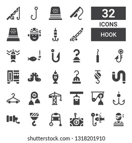 hook icon set. Collection of 32 filled hook icons included Pirate, Fishing, Phishing, Walking stick, Hook, Fishing reel, Pulley, Crane, Hanger, Worm, Wardrobe, Fishing rod