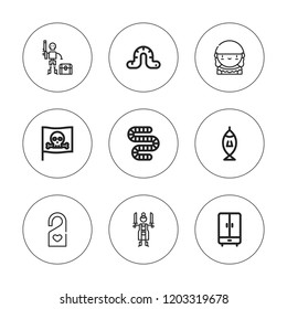 Hook icon set. collection of 9 outline hook icons with fishing, hanger, pirates, pirate, worm icons. editable icons.