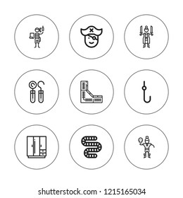 Hook icon set. collection of 9 outline hook icons with hook, pirates, pirate, worm icons. editable icons.