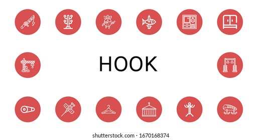 conjunto de iconos de gancho. Colección de varillas de pesca, cabos de abrigo, piratas, pescar, vestuario, polea, cannula, pescar, grúa, cresta de abrigo, iconos de cebos de pesca