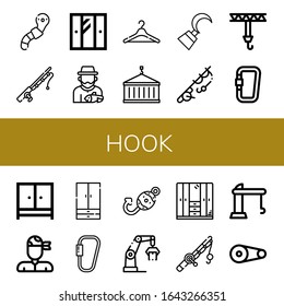 hook icon set. Collection of Worm, Fishing rod, Wardrobe, Fisherman, Hanger, Crane, Hook, Fishing, Carabiner, Pirate, Fish hook, Pulley icons