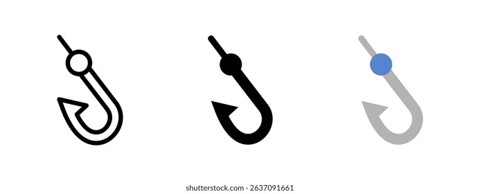 Hook icon. Sharp curved fishing hook with eyelet for line attachment vector illustration. Essential angling gear and baiting tool symbol. Marine catch equipment sign. Outdoor sport pictogram.