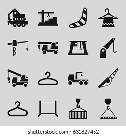 Hook icons set. set of 16 hook filled icons such as boomerang, hanger, construction crane, cargo crane, construction  crane