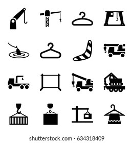 Hook icons set. set of 16 hook filled icons such as boomerang, hanger, construction crane, cargo crane, construction  crane