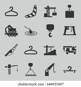 Hook icons set. set of 16 hook filled icons such as construction crane, boomerang, hanger, cargo crane, construction  crane, fishing