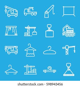 hook icons set. Set of 16 hook outline icons such as construction crane, hanger, cargo crane