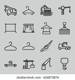Hook icons set. set of 16 hook outline icons such as construction crane, hanger, cargo crane