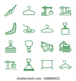 Hook icons set. set of 16 hook outline icons such as construction crane, boomerang, hanger, cargo crane, construction  crane, fishing
