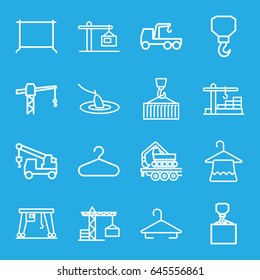 Hook icons set. set of 16 hook outline icons such as construction crane, hanger, cargo crane, construction  crane
