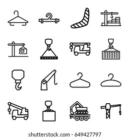 Hook icons set. set of 16 hook outline icons such as boomerang, hanger, construction crane, cargo crane