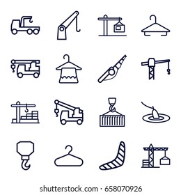 Hook icons set. set of 16 hook outline icons such as construction crane, boomerang, hanger, cargo crane, construction  crane, fishing
