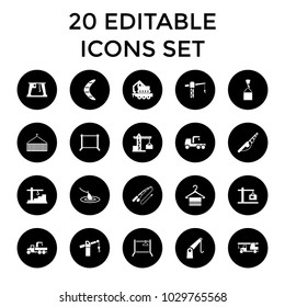 Hook icons. set of 20 editable filled hook icons such as construction crane, hanger, fishing rod, cargo crane, construction  crane. best quality hook elements in trendy style.